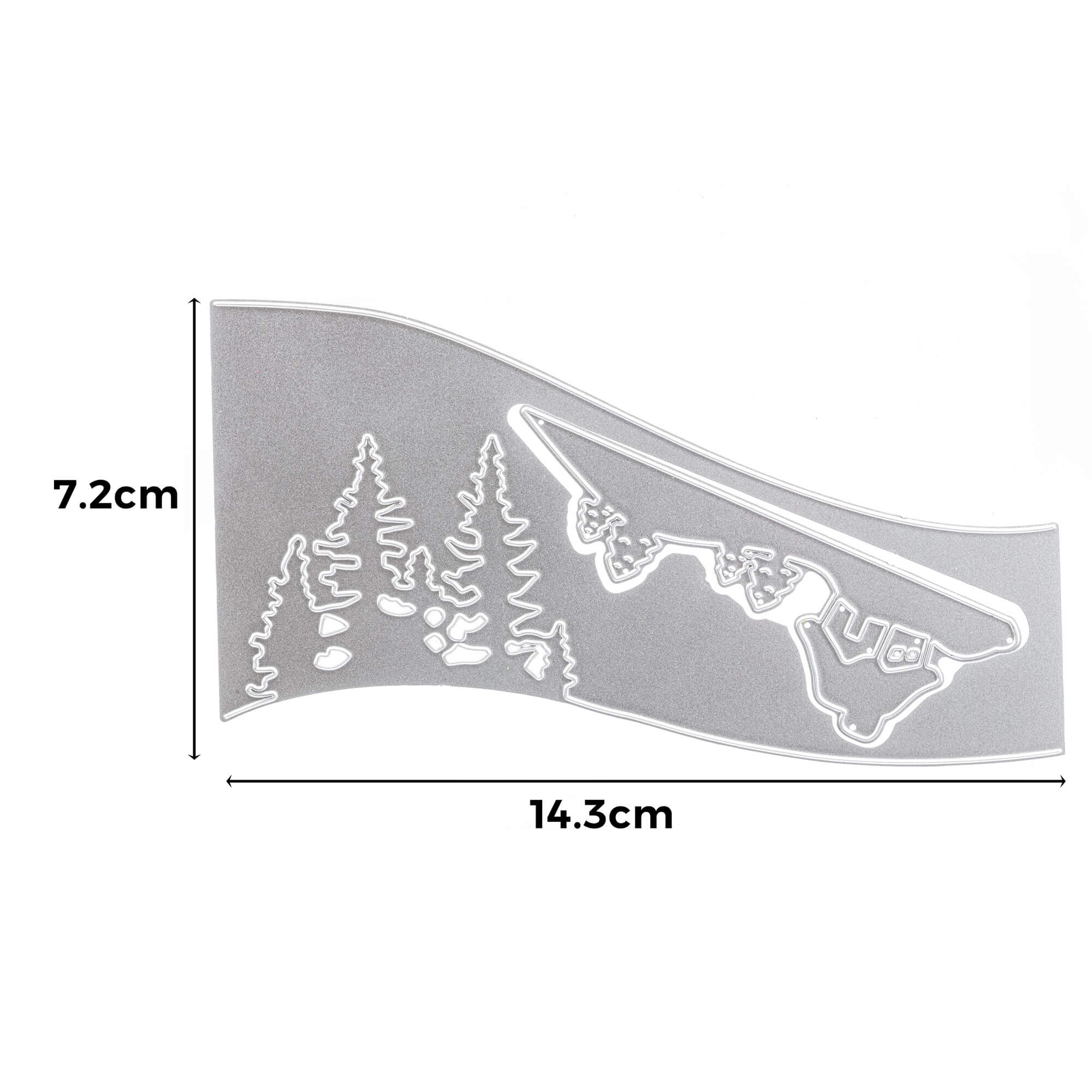 Die Stanzschablone: Schneehaus von Stanzenshop.de ist eine Metallstanze mit einer Baum- und Berglandschaft, ideal für Scrapbooking oder Bastelprojekte im Winter, mit den Maßen 7,2 cm x 14,3 cm.