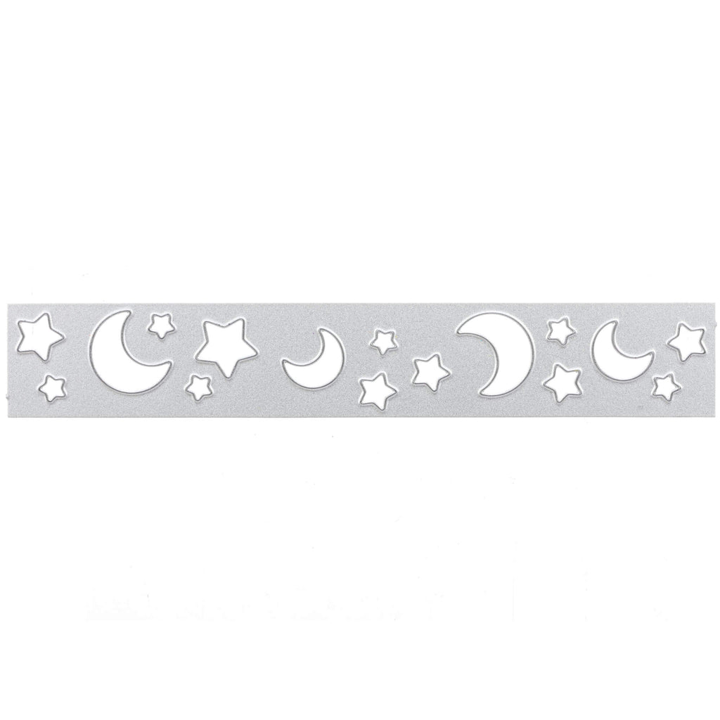 Eine weiße Bordüre mit Stanzschablone: Mond /Sterneband, die den Nachthimmel darstellt von Stanzenshop.de.