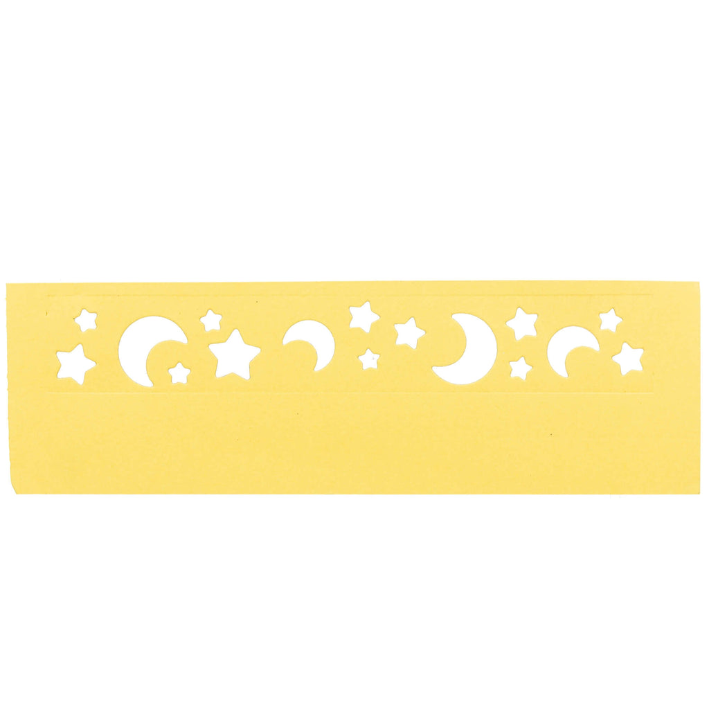 Eine gelbe Stanzenshop.de-Karte mit einer Stanzschablone: Mond / Sterneband darauf.