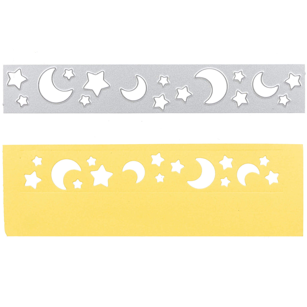 Ein gelb-weißer Rand mit Sternen und Monden, der einem Nachthimmel ähnelt, mit der Stanzschablone: Mond /Sterneband von Stanzenshop.de.