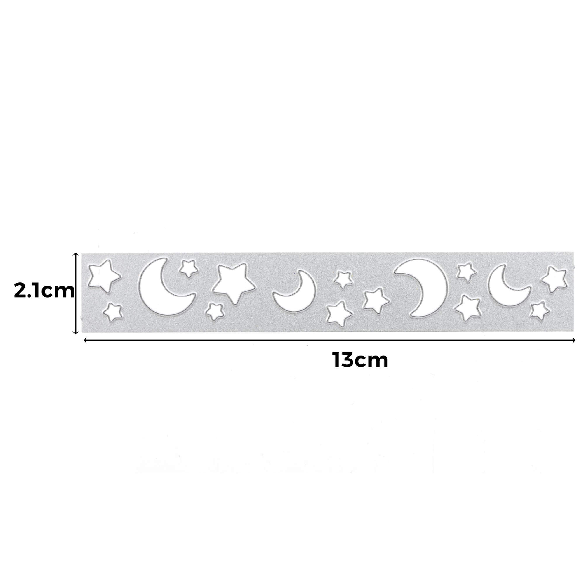 Die Stanzenshop.de Stanzschablone: Mond /Sterneband ist eine 13 x 2,1 cm große Metallschablone mit Nachthimmel-inspirierten Stern- und Mondsichelausschnitten, ideal für kreative Bastelprojekte.
