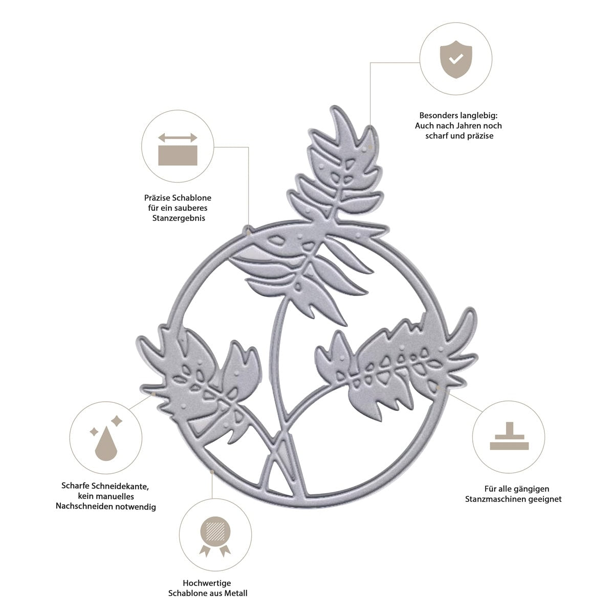 Die Stanzschablone Blätterkreis mit filigraner Struktur von Stanzenshop.de ist eine Metallstanze mit Naturmotiven im Kreis, deutschem Text und Symbolen, die die Haltbarkeit, Präzision, Schärfe und Kompatibilität mit gängigen Stanzmaschinen zeigen.