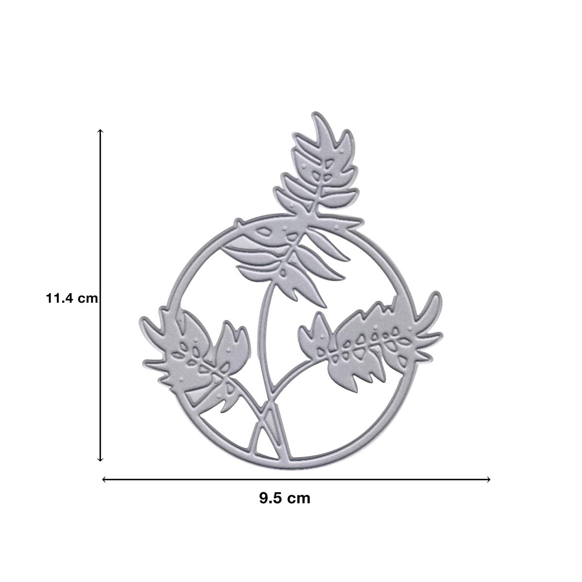 Die Stanzenshop.de Stanzschablone Blätterkreis mit filigraner Struktur ist ein silberner Metallstempel mit zarten Blättern und Stängeln in den Maßen 11,4 cm x 9,5 cm, hier mit Messlinien dargestellt.