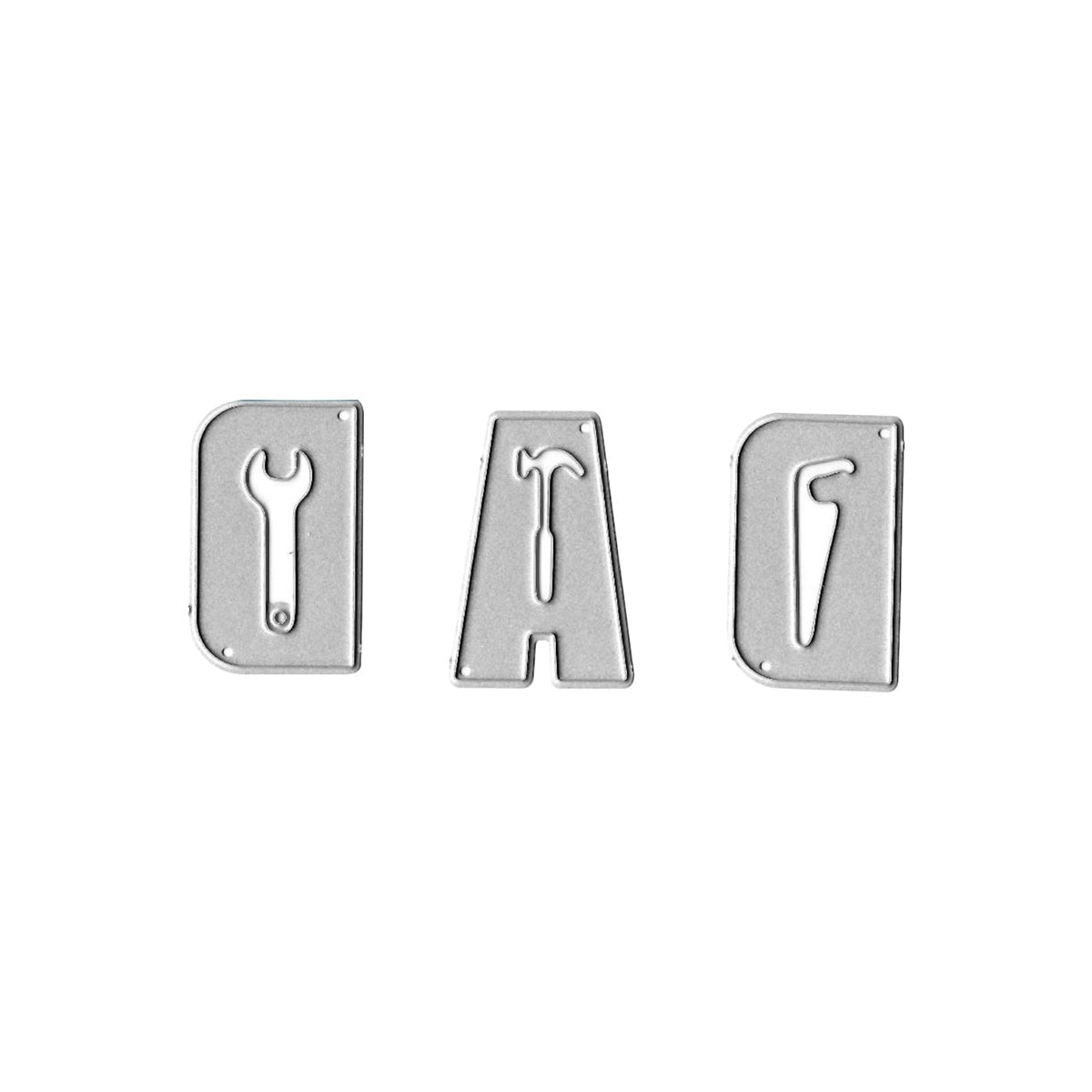 Die Stanzschablone Werkzeug-Buchstaben DAD von Stanzenshop.de bildet das Wort "DAD" mit Werkzeugen wie Schraubenschlüssel, Hammer und Säge - ideal für Heimwerkerprojekte oder DIY-Geschenke.