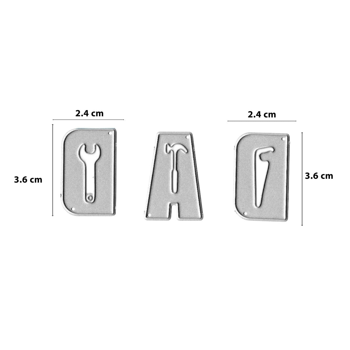 Drei silberne Formen (3,6 x 2,4 cm) mit den Umrissen von Schraubenschlüssel, Hammer und Schraubenzieher aus der Stanzschablone Werkzeug-Buchstaben DAD von Stanzenshop.de sind nebeneinander angeordnet - ideal für Heimwerkerprojekte auf weißem Hintergrund.