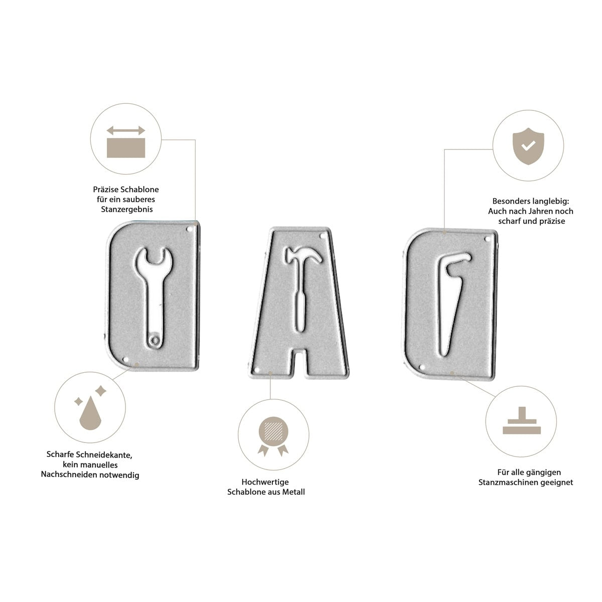 Die Stanzschablone Werkzeug-Buchstaben DAD von Stanzenshop.de enthält drei gestanzte Werkzeuge aus Metall, die jeweils in deutscher Sprache mit Symbolen für Schärfe, Präzision, Langlebigkeit und idealen Einsatz für Heimwerkerprojekte oder Heimwerker beschriftet sind.
