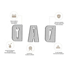 Die Stanzschablone Werkzeug-Buchstaben DAD von Stanzenshop.de enthält drei gestanzte Werkzeuge aus Metall, die jeweils in deutscher Sprache mit Symbolen für Schärfe, Präzision, Langlebigkeit und idealen Einsatz für Heimwerkerprojekte oder Heimwerker beschriftet sind.