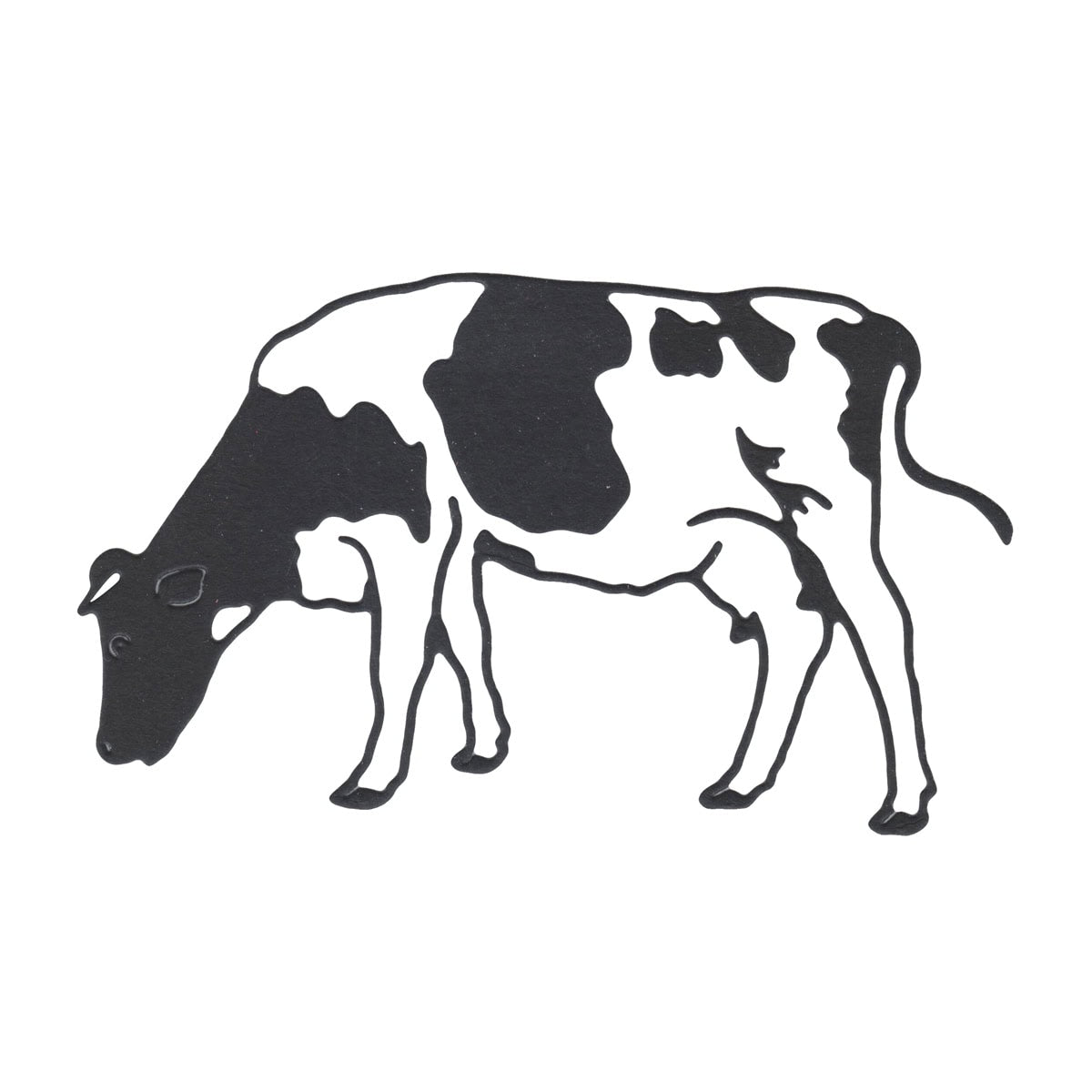 Die "Stanzschablone Kuh auf der Weide" von Stanzenshop.de zeigt eine schwarz-weiße Kuh als Outline beim Grasen mit gesenktem Kopf - perfekt für ländliches Flair und klassische Bauernhof-Motive.