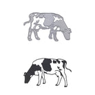 Oben: Die Metallic-Stanzschablone Kuh auf der Weide von Stanzenshop.de zeigt eine Kuh auf der Weide; unten: Schwarzer und weißer Scherenschnitt, beides mit rustikalem Charme.