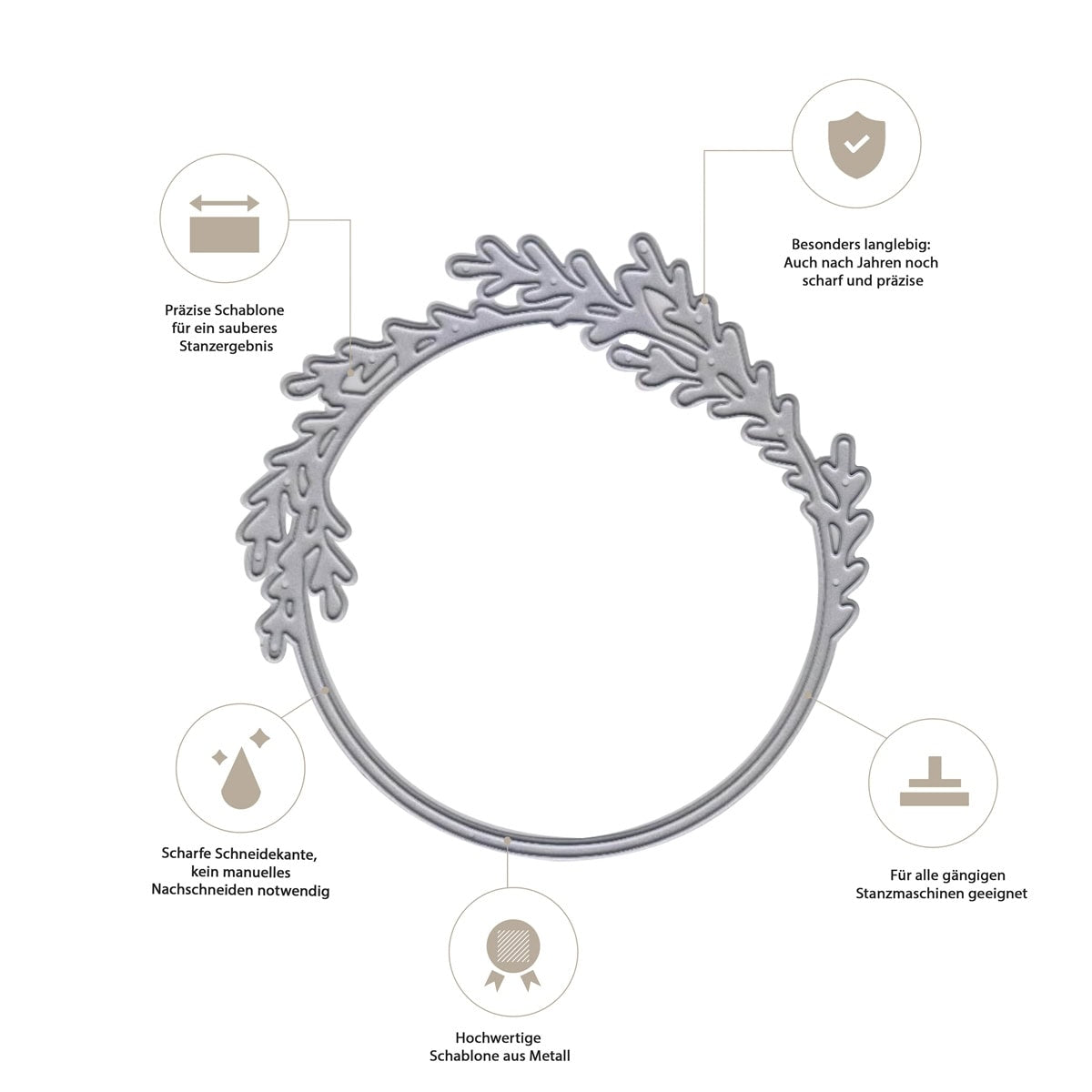 Die Stanzschablone Kranz mit Zweigen von Stanzenshop.de überzeugt durch filigranes Design und hochwertige Verarbeitung - ideal für detailreiche Bastelprojekte.
