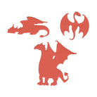 Drei rote Drachen-Silhouetten in verschiedenen Posen auf Weiß-das Stanzschablone Fantasy Drachen Set von Stanzenshop.de ist ideal als Drachenmotiv für Fantasy-Dekoration oder kreative Projekte.