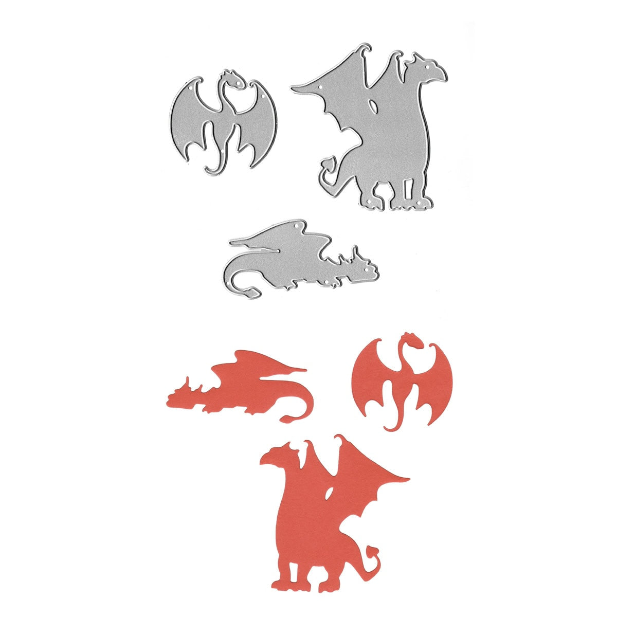 Das Stanzenschablone Fantasy Drachen Set von Stanzenshop.de enthält vier drachenförmige Metallstempel und passende rote Papierausschnitte, ideal für Bastelarbeiten zum Thema Fantasy oder Drachendekorationen.