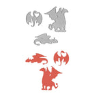 Das Stanzenschablone Fantasy Drachen Set von Stanzenshop.de enthält vier drachenförmige Metallstempel und passende rote Papierausschnitte, ideal für Bastelarbeiten zum Thema Fantasy oder Drachendekorationen.