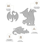 Das Stanzschablone Fantasy Drachen Set von Stanzenshop.de zeigt drei silberne Metalldrachen in verschiedenen Posen - ideal für Fantasy-Dekoration, präzise und kompatibel mit vielen Schneidemaschinen.