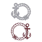 Die "Stanzschablone Anker im maritimen Seilrahmen" von Stanzenshop.de, ideal für maritime Bastelprojekte oder Sommerkarten, zeigt ankerförmige Ausschnitte mit Seil- und Sternenmotiven, die nebeneinander auf weißem Hintergrund abgebildet sind.