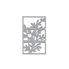 Die "Stanzschablone Fenster mit Baumzweigen" von Stanzenshop.de ist eine silberne Metallstanze mit drei rechteckigen Abschnitten, auf denen Teile eines Baumzweigs und Blätter abgebildet sind, ideal um Karten und Bastelarbeiten mit eleganten Details zu versehen.