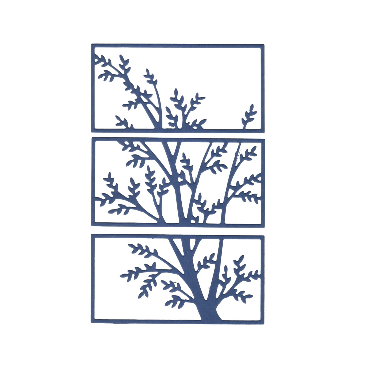 Die Stanzschablone Fenster mit Baumzweigen von Stanzenshop.de zeigt drei rechteckige Flächen mit dunkelblauen Baumzweigen und Blättern auf weißem Hintergrund - ideal für moderne Karten oder Bastelprojekte.