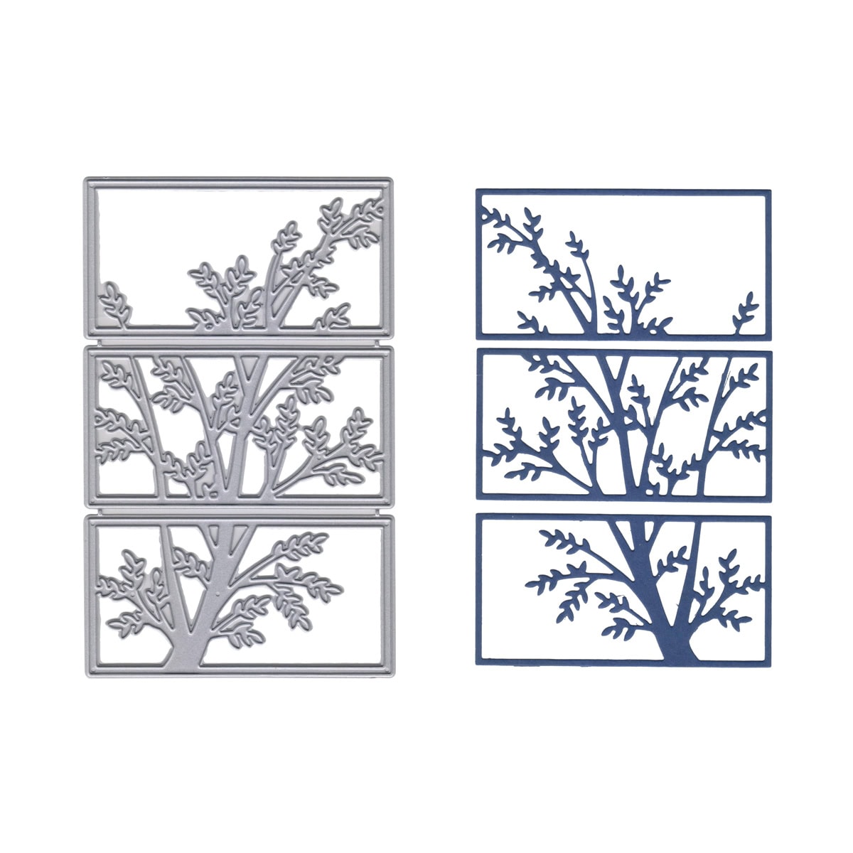 Drei rechteckige Stanzschablone Fenster mit Baumzweigen von Stanzenshop.de werden neben blauen Papierausschnitten in drei Abschnitten gezeigt - ideal zum Basteln von einzigartigen Karten.