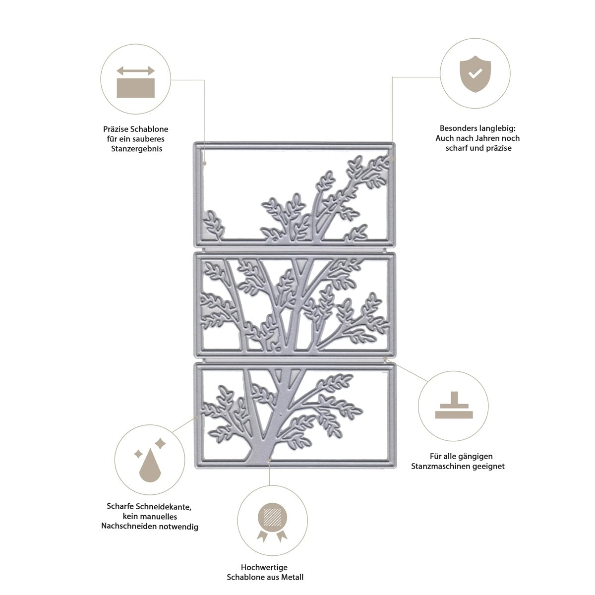 Die Stanzschablone Fenster mit Baumzweigen von Stanzenshop.de zeichnet sich durch drei rechteckige Abschnitte, präzise scharfe Kanten und ein robustes Design aus - perfekt für Karten und Bastelarbeiten, mit deutschem Text und Symbolen, die die wichtigsten Vorteile zeigen.