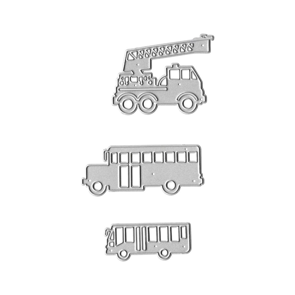 Die Stanzschablone große Fahrzeuge von Stanzenshop.de enthält drei silberne Dies: Bus, Schulbus und Feuerwehr-ideal für Bastelprojekte oder kreative Karten zum Kindergeburtstag.