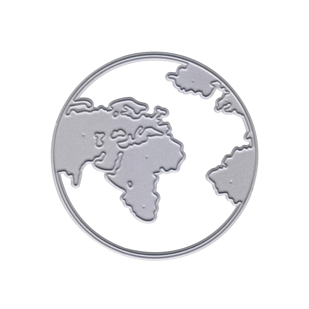 Die "Stanzschablone Weltkarte im Kreis" von Stanzenshop.de zeigt Europa, Afrika und Teile Asiens als metallische Kontur in einem Kreis auf weißem Grund-ideal für Weltentdecker und kreative Reiseprojekte.