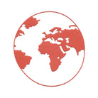 Die Stanzschablone Weltkarte im Kreis von Stanzenshop.de zeigt eine rote Kontur-Illustration von Afrika, Europa, Asien und Amerika im Kreis - ideal für inspirierende Reiseprojekte und Entdecker.