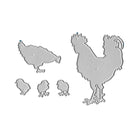 Die Stanzschablone Hühnerfamilie von Stanzenshop.de enthält vier Metallic-Stanzteile - Hahn, Henne und zwei Küken - ideal für DIY-Ideen oder Bauernhof-Motive beim Basteln. Dargestellt auf einem sauberen weißen Hintergrund.