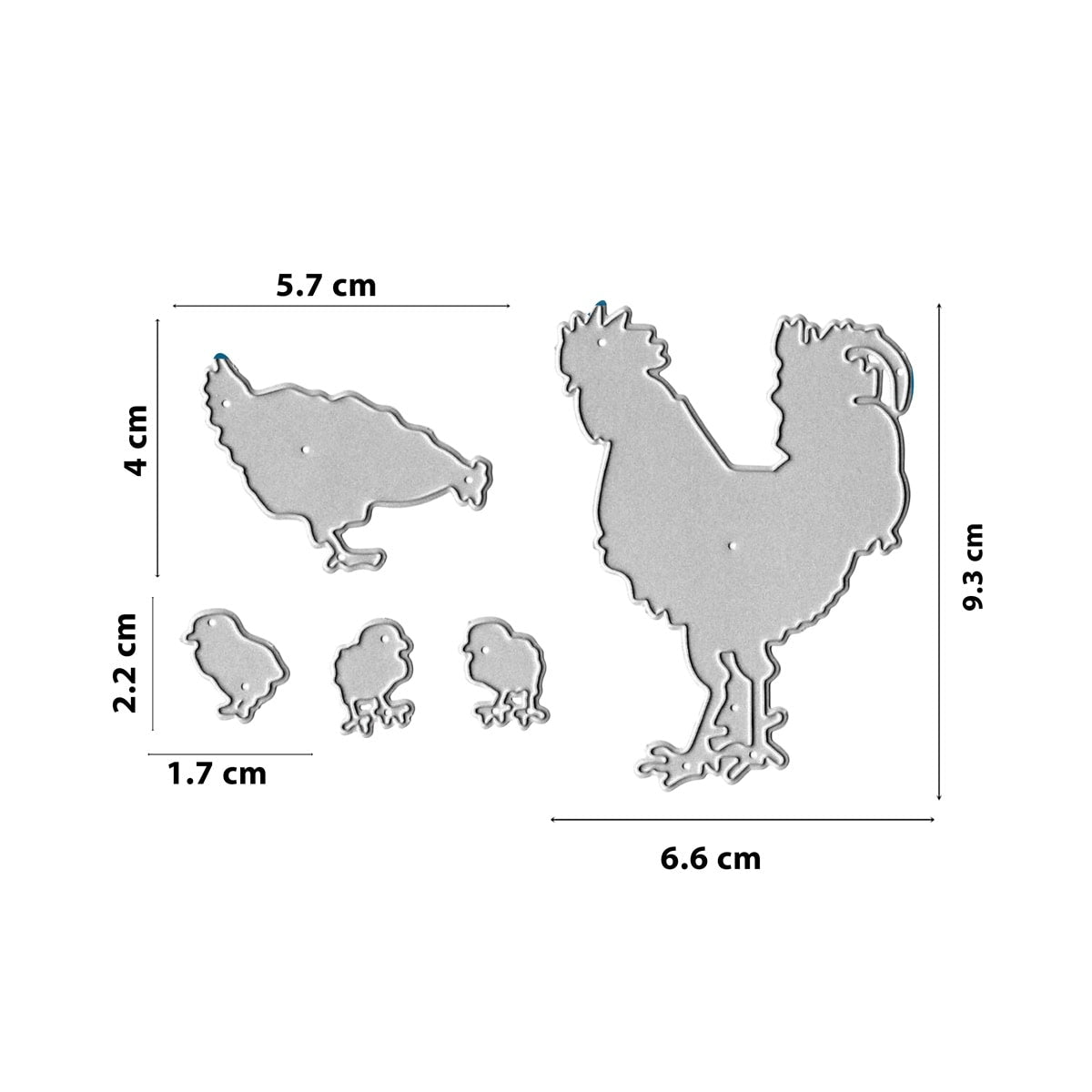 Das Stanzenshop.de Stanzschablone Hühnerfamilie Set enthält vier Hühnerstempel in verschiedenen Größen/Posen mit cm-Maßen - ideal für DIY und Bauernhof-Motive. Perfekt für die Gestaltung Ihrer eigenen Hühnerfamilie!.