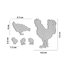 Das Stanzenshop.de Stanzschablone Hühnerfamilie Set enthält vier Hühnerstempel in verschiedenen Größen/Posen mit cm-Maßen - ideal für DIY und Bauernhof-Motive. Perfekt für die Gestaltung Ihrer eigenen Hühnerfamilie!.