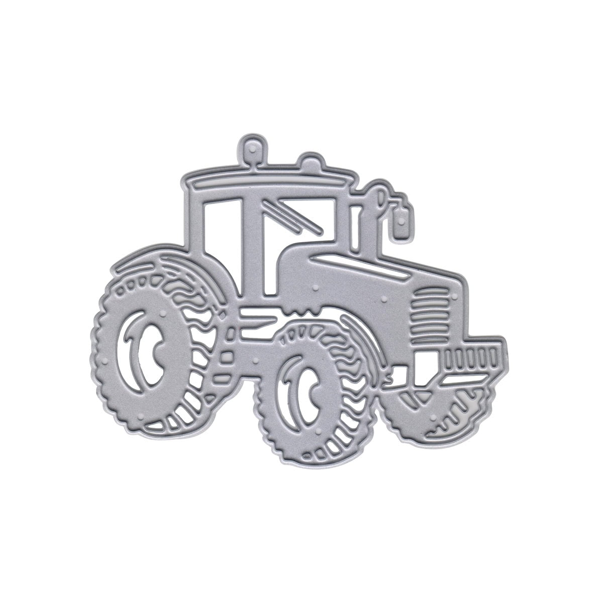 Die Stanzschablone Traktor mit großen Reifen von Stanzenshop.de zeigt einen seitlich dargestellten Traktor mit detaillierten Reifen und Kabine - ideal für Bastelideen, die ländliches Flair verleihen.