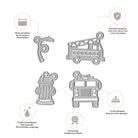 Das Stanzenshop.de Stanzschablone Feuerwehreinsatz Set enthält vier silberne Stanzformen - einen Sechser, ein Feuerwehrauto, einen Hydranten und einen LKW - ideal für Bastelideen zu einem Kindergeburtstag.