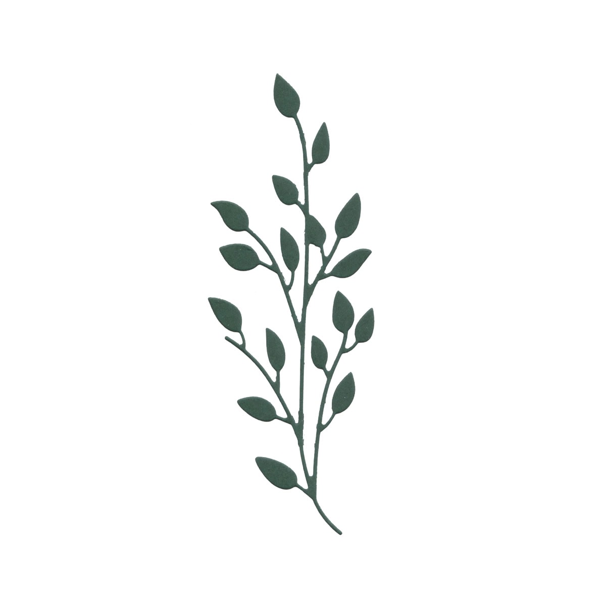 Die Stanzschablone Zweig mit kleinen Blättern von Stanzenshop.de zeigt einen dunkelgrünen Blattzweig auf weißem Hintergrund - ideal für Blättermotive im Scrapbook oder als stilvolle Dekoration.