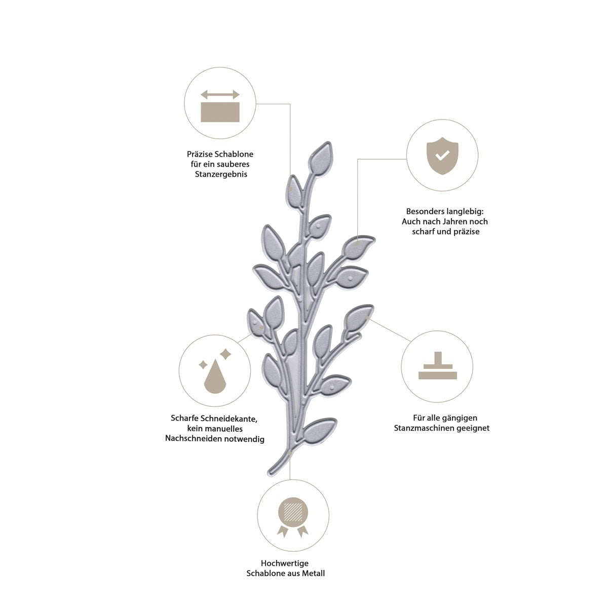 Die Stanzschablone "Zweig mit kleinen Blättern" von Stanzenshop.de ist ideal für Scrapbooking und Dekoration. Fünf Icons mit deutscher Beschriftung heben die präzise, langlebige und hochwertige Qualität des Metalls hervor.