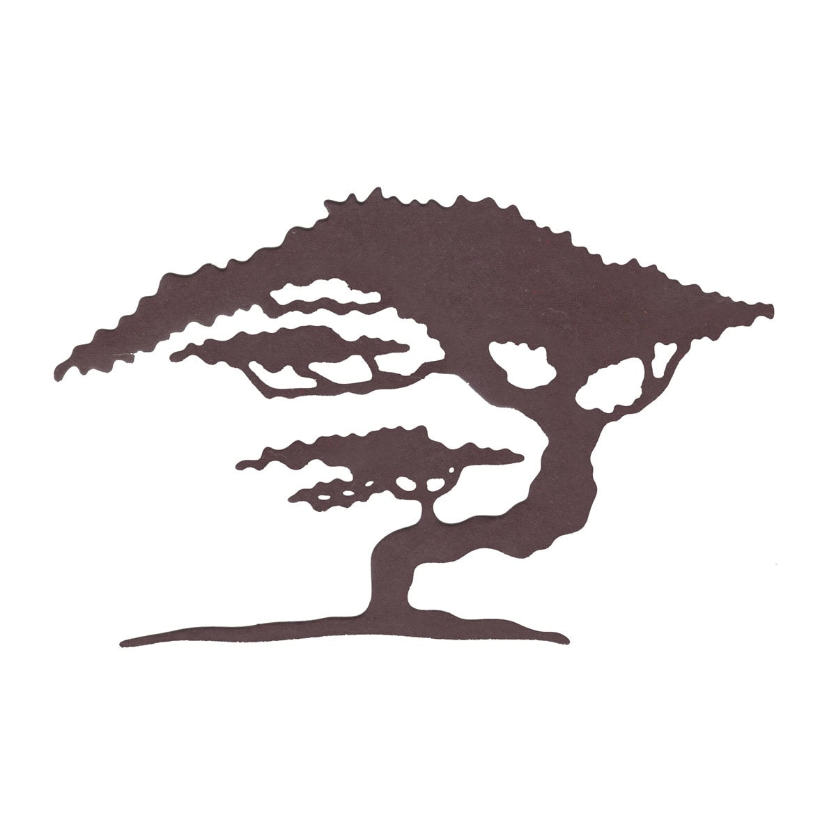Eine Silhouette eines stilisierten, windgepeitschten Baumes mit breiten, flachen Ästen und einem dicken Stamm - Stanzschablone Baum Bonsai Afrika von Stanzenshop.de-ideal für Bastelzubehör oder einzigartige mediterrane Karten.
