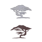 Zwei stilisierte Baumausschnitte aus Metall - ein silberner, ein dunkelbrauner - sind senkrecht auf Weiß angeordnet. Ideal als Stanzschablone Baum Bonsai Afrika von Stanzenshop.de für mediterrane Karten oder als einzigartiges Bastelzubehör.