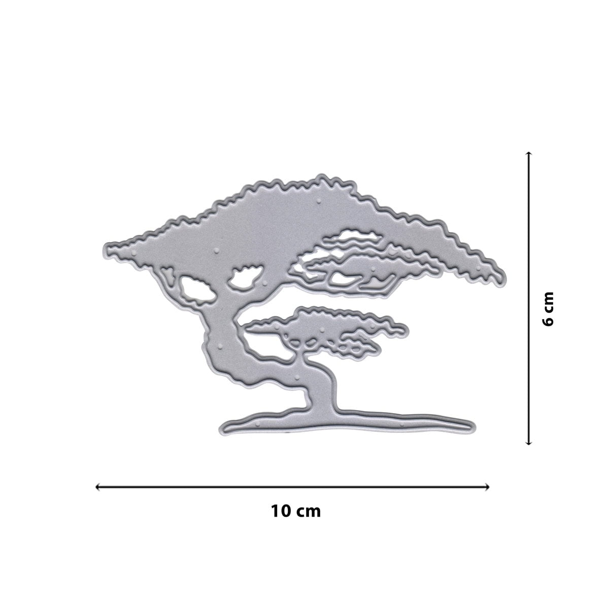 Die Stanzenshop.de Stanzschablone "Baum Bonsai Afrika" ist eine Metall-Stanzform in Baumform (10 x 6 cm), ideal als Bastelzubehör für mediterrane Karten, mit beschrifteten Maßen abgebildet.