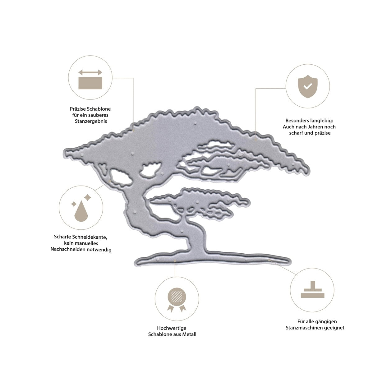 Die Stanzenshop.de Stanzschablone Baum Bonsai Afrika verfügt über ein Baumdesign mit vier Symbolen und deutschem Text und bietet Schärfe, Haltbarkeit, Präzision und Qualität aus Metall - das perfekte Bastelzubehör für mediterrane Karten.