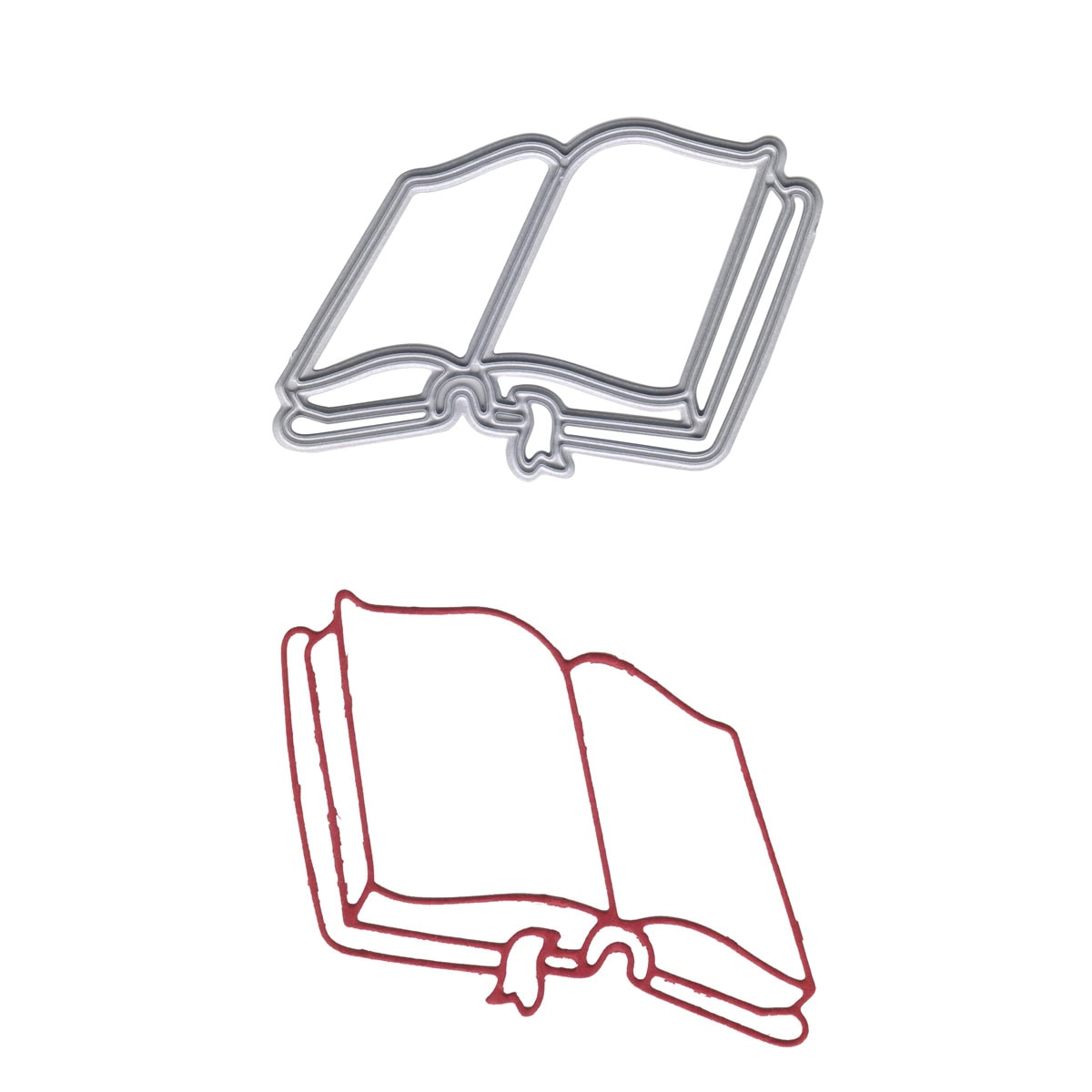 Stanzschablone Offenes Buch mit Schleife von Stanzenshop.de als Umrisszeichnung in metallischem Grau und Rot auf Weiß - ideal zum Karten veredeln oder für märchenhafte Akzente bei kreativen Projekten.