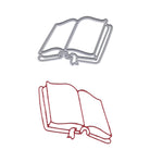 Stanzschablone Offenes Buch mit Schleife von Stanzenshop.de als Umrisszeichnung in metallischem Grau und Rot auf Weiß - ideal zum Karten veredeln oder für märchenhafte Akzente bei kreativen Projekten.