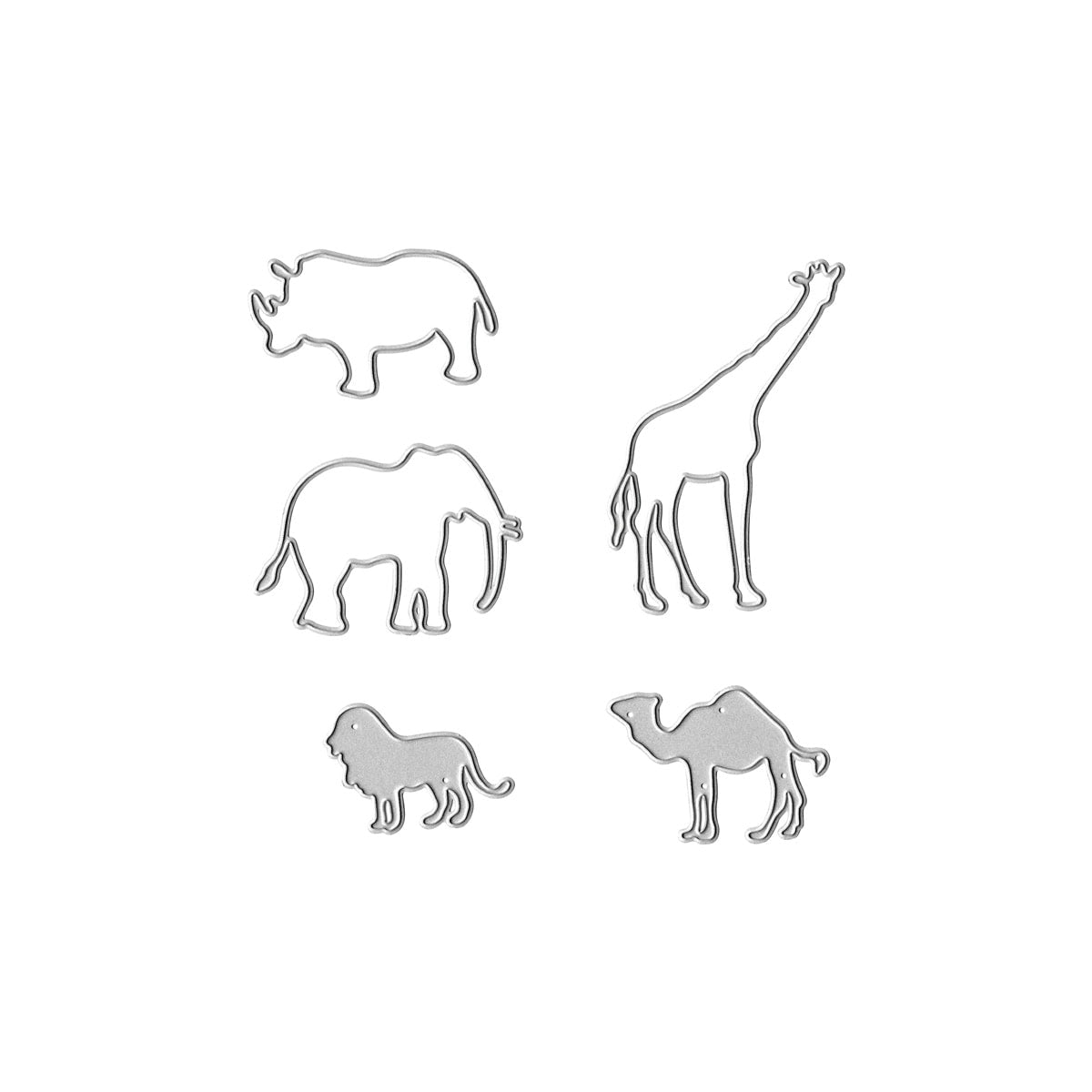 Die Stanzschablone Safari-Tiere von Stanzenshop.de enthält fünf Ausstechformen (Nashorn, Giraffe, Elefant, Löwe & Kamel)-ideal als tierische Stanzformen für ein Safari-Bastelset oder kreative Kindergeburtstagsdeko.