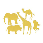 Gelbe Silhouetten von Elefant, Nashorn, Giraffe, Kamel und Löwe erscheinen auf weißem Hintergrund - ideal als tierische Stanzformen für Ihr Safari-Bastelset oder Kindergeburtstag-Deko. Produkt: Stanzschablone Safari-Tiere von Stanzenshop.de.