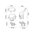Die Stanzschablone Safari-Tiere von Stanzenshop.de zeigt 5 Metall-Tiermotive (Nashorn, Giraffe, Elefant, Löwe, Kamel) mit Größenangaben - perfekt als kreative Deko-Stanzformen fürs Kindergeburtstag Safari-Bastelset.