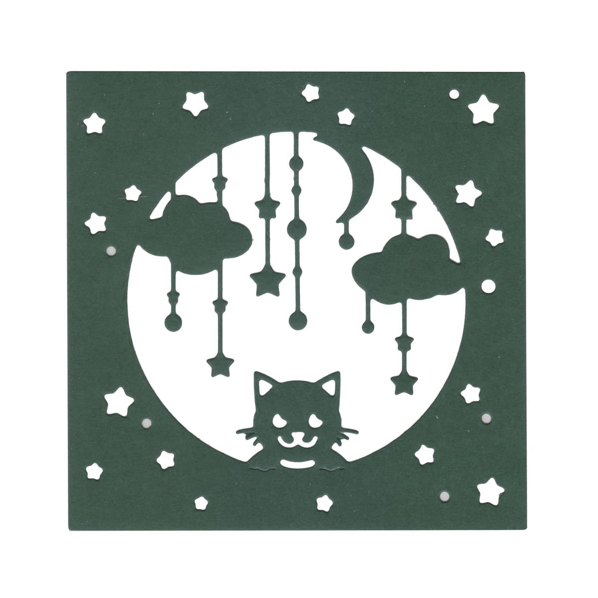 Die "Stanzschablone Nachthimmel mit Katze" von Stanzenshop.de zeigt eine Katze vor dem Vollmond mit Wolken, Sternen und Mond - ideal für Baby-Projekte oder als Schablone für kreative Sternennächte-Basteleien.