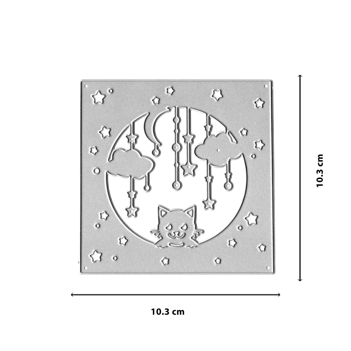 Die Stanzschablone Nachthimmel mit Katze von Stanzenshop.de zeigt Katze, Wolken, Sterne & Halbmonde - ideal für Sternennächte oder Baby-Projekte. Maße: 10,3 x 10,3 cm.