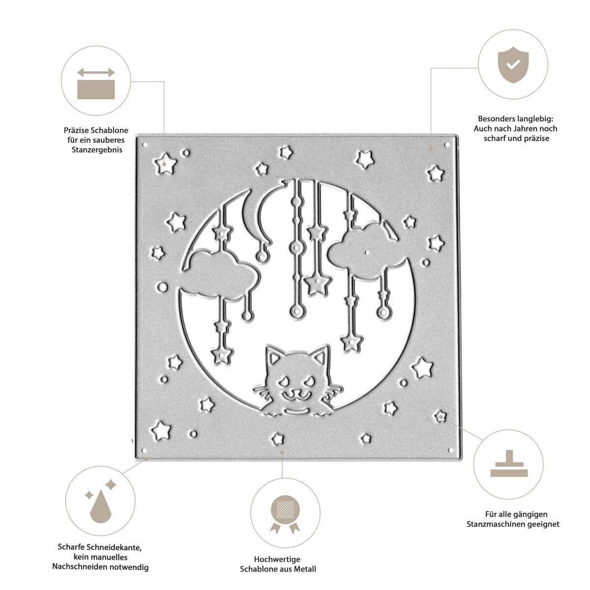Die Stanzschablone Nachthimmel mit Katze von Stanzenshop.de zeigt eine Katze, Wolken, Mond und Sterne. Mit ihren scharfen, präzisen Kanten und der hohen Qualität ist sie perfekt für Babyprojekte oder die Verwendung auf verschiedenen Materialien.