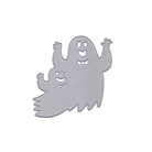 Die Stanzschablone fröhliche Geister von Stanzenshop.de zeigt zwei lachende Cartoon-Geister mit Fliegen, erhobenen Armen und weißem Hintergrund - ideal für Geister Basteln oder Kinderbasteleien zu Halloween.