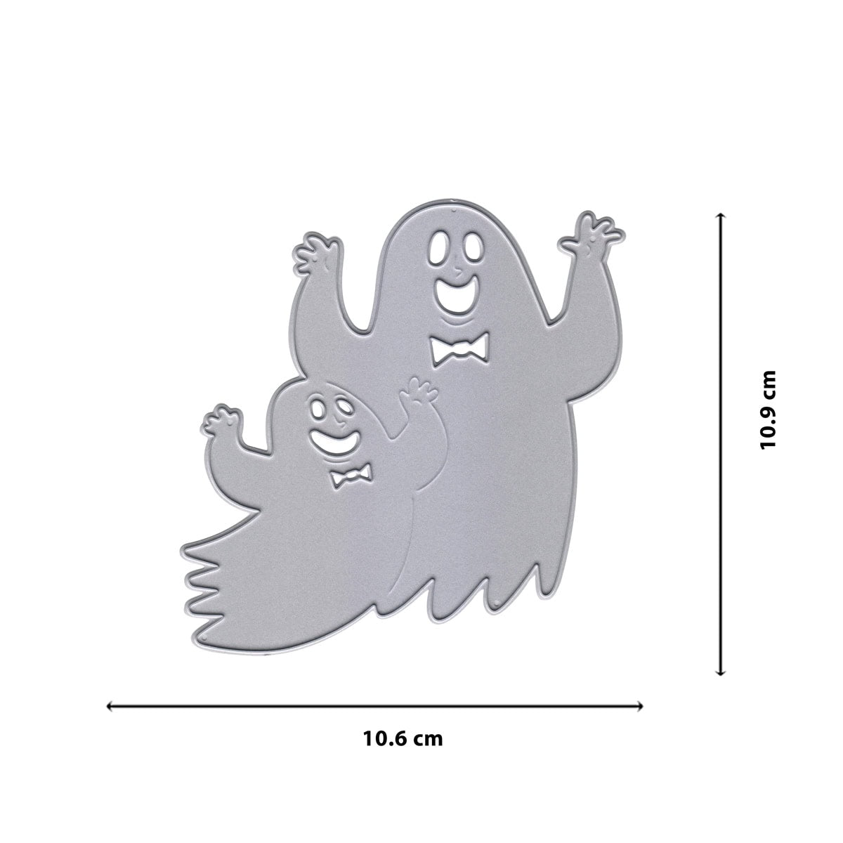Die Stanzschablone fröhliche Geister von Stanzenshop.de zeigt zwei silberne Cartoon-Geister mit Fliegen (10,6 x 10,9 cm), ideal zum Geister Basteln & Kinderbasteleien - perfekt als Halloween-Stanze!.