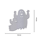 Die Stanzschablone fröhliche Geister von Stanzenshop.de zeigt zwei silberne Cartoon-Geister mit Fliegen (10,6 x 10,9 cm), ideal zum Geister Basteln & Kinderbasteleien - perfekt als Halloween-Stanze!.