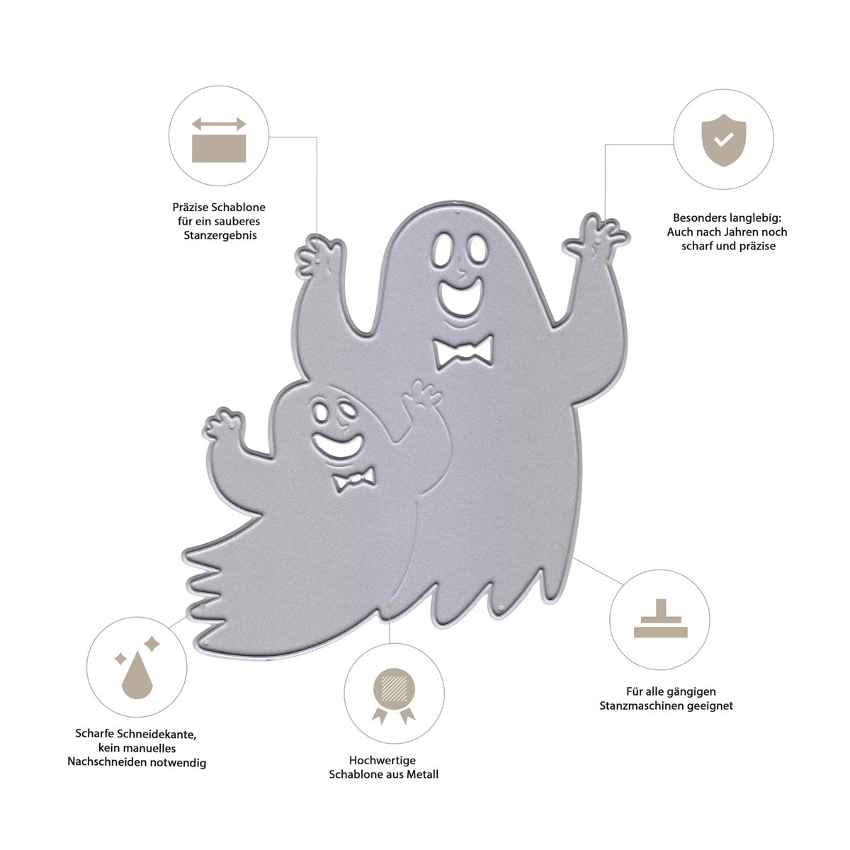 Die Stanzschablone fröhliche Geister von Stanzenshop.de besteht aus zwei lächelnden Gespensterschablonen mit Schleifen, die für Halloween-Basteleien gedacht sind. Haltbar, mit scharfen Kanten, passen sie auf gängige Stanzmaschinen-ideal für Kinderbasteleien.