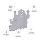 Die Stanzschablone fröhliche Geister von Stanzenshop.de besteht aus zwei lächelnden Gespensterschablonen mit Schleifen, die für Halloween-Basteleien gedacht sind. Haltbar, mit scharfen Kanten, passen sie auf gängige Stanzmaschinen-ideal für Kinderbasteleien.